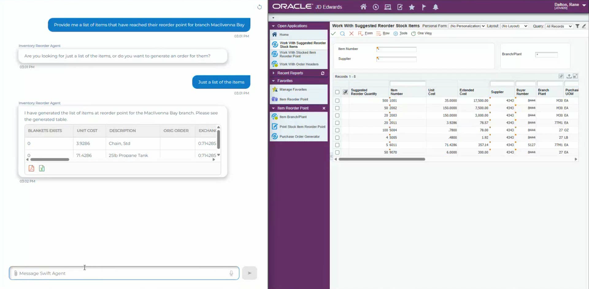 Swift AI Inventory Reorder for JD Edwards